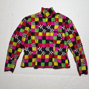 VINTAGE 80s 90s Dana Buchman 100% Silk Colorful Checkered Long Sleeve Blazer 10